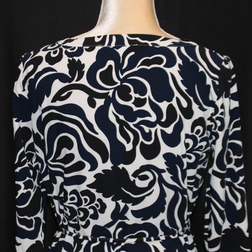 Loft Navy Black and White Long Sleave Straight lined Floral Dress with Tie - Picture 8 of 13